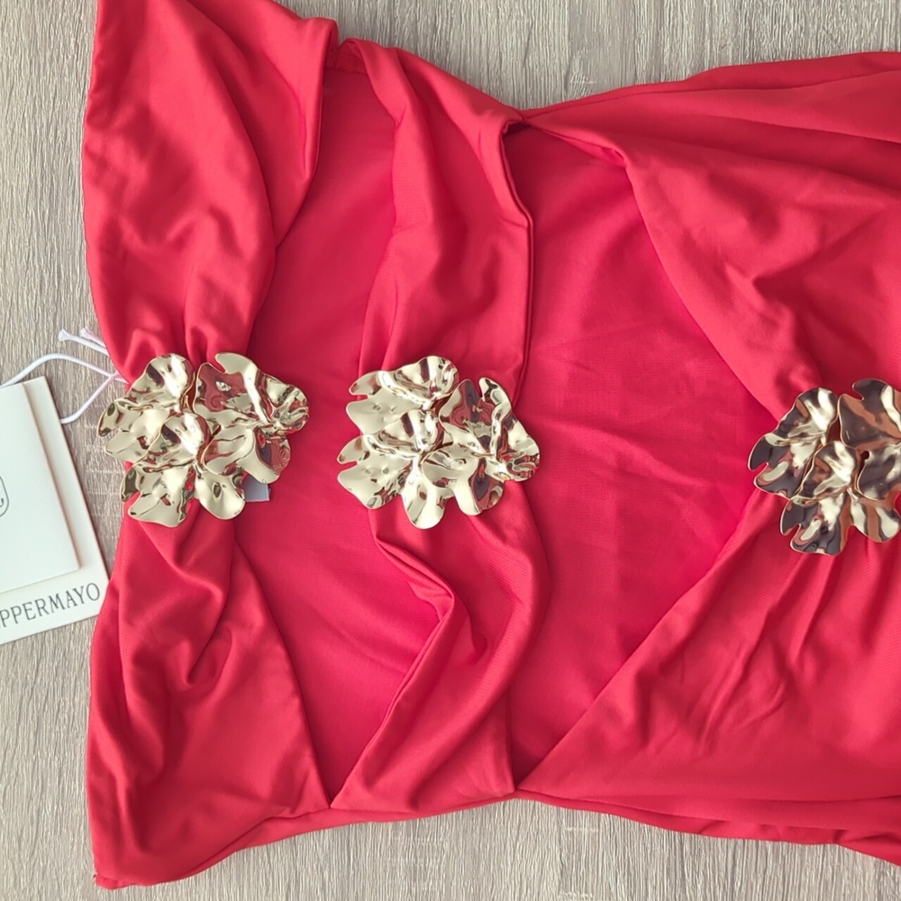 Peppermayo Strapless Red Dress with Gold Floral Accents
